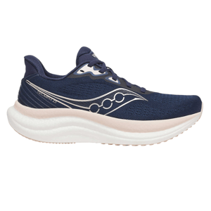 A navy blue Saucony running shoe with a wavy white logo, featuring a cushioned white sole and a textured upper design.
