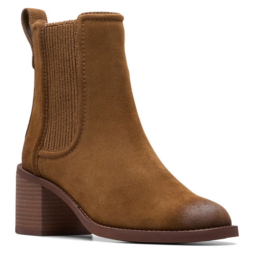 A brown suede Chelsea boot with a block heel and elastic side panels.