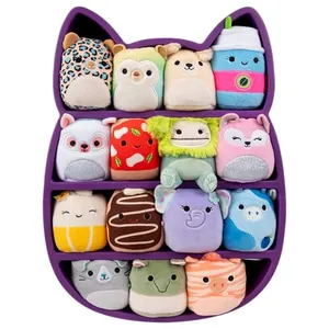 A collection of plush toys in various animal and food designs displayed in a purple cat-shaped shelf. Each toy features unique patterns and colors, ranging from animals like owls and sloths to food items like drinks and desserts.