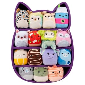 A collection of plush toys in various animal and food designs displayed in a purple cat-shaped shelf. Each toy features unique patterns and colors, ranging from animals like owls and sloths to food items like drinks and desserts.