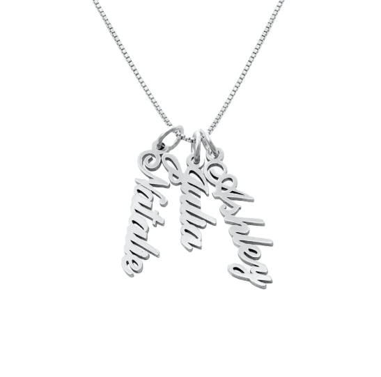 A silver necklace features three pendants with names \“Natalie,\“ \“Julia,\“ and \“Ashley\“ in cursive script.