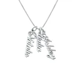 A silver necklace features three pendants with names \“Natalie,\“ \“Julia,\“ and \“Ashley\“ in cursive script.