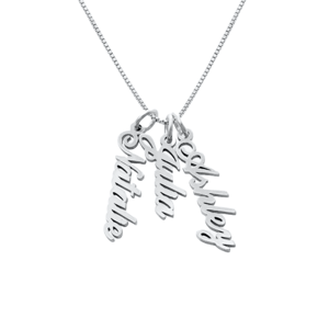 A silver necklace features three pendants with names \“Natalie,\“ \“Julia,\“ and \“Ashley\“ in cursive script.