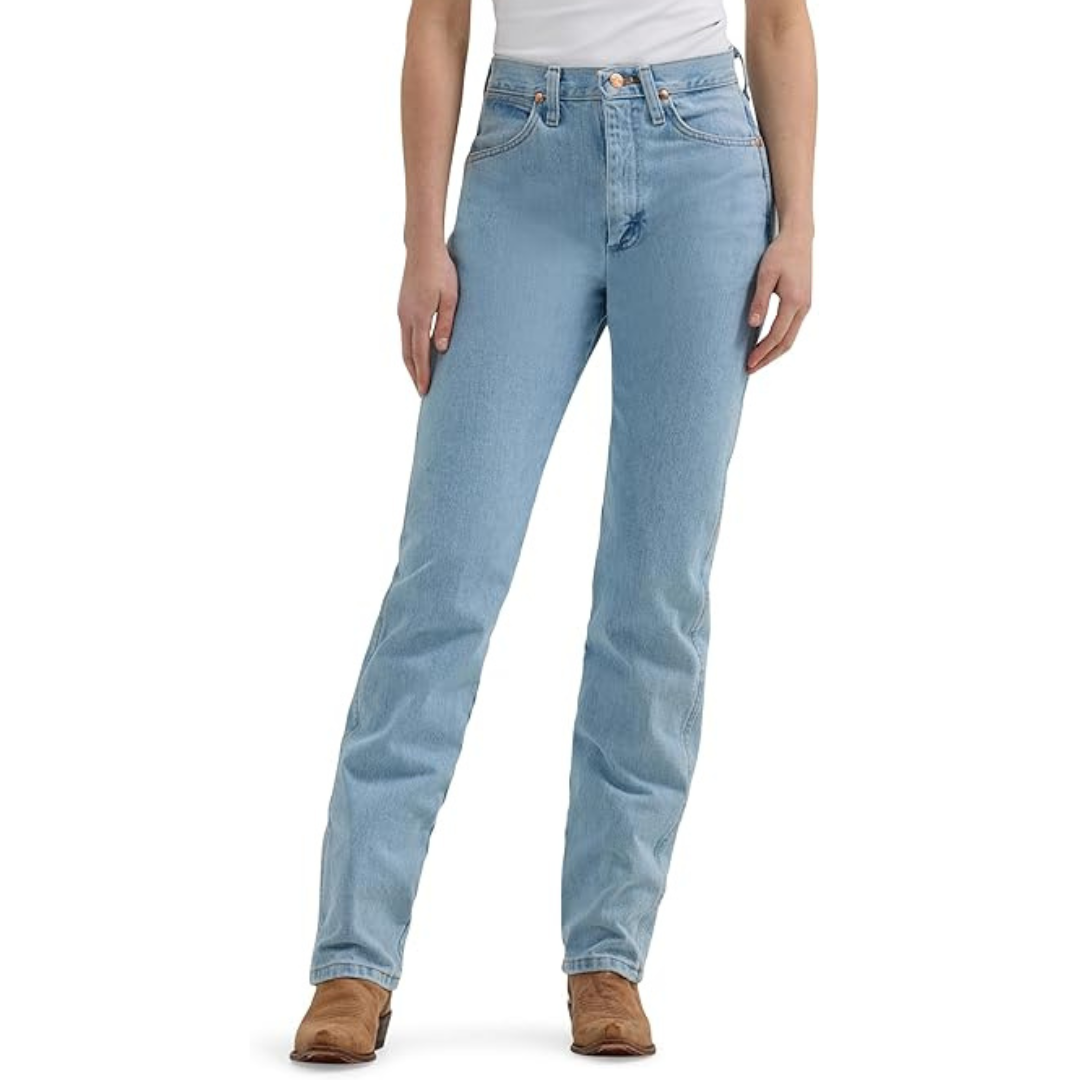 Light blue straight-leg jeans paired with brown shoes and a white top, worn by a standing person.