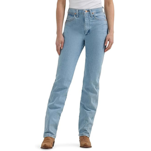 Light blue straight-leg jeans paired with brown shoes and a white top, worn by a standing person.