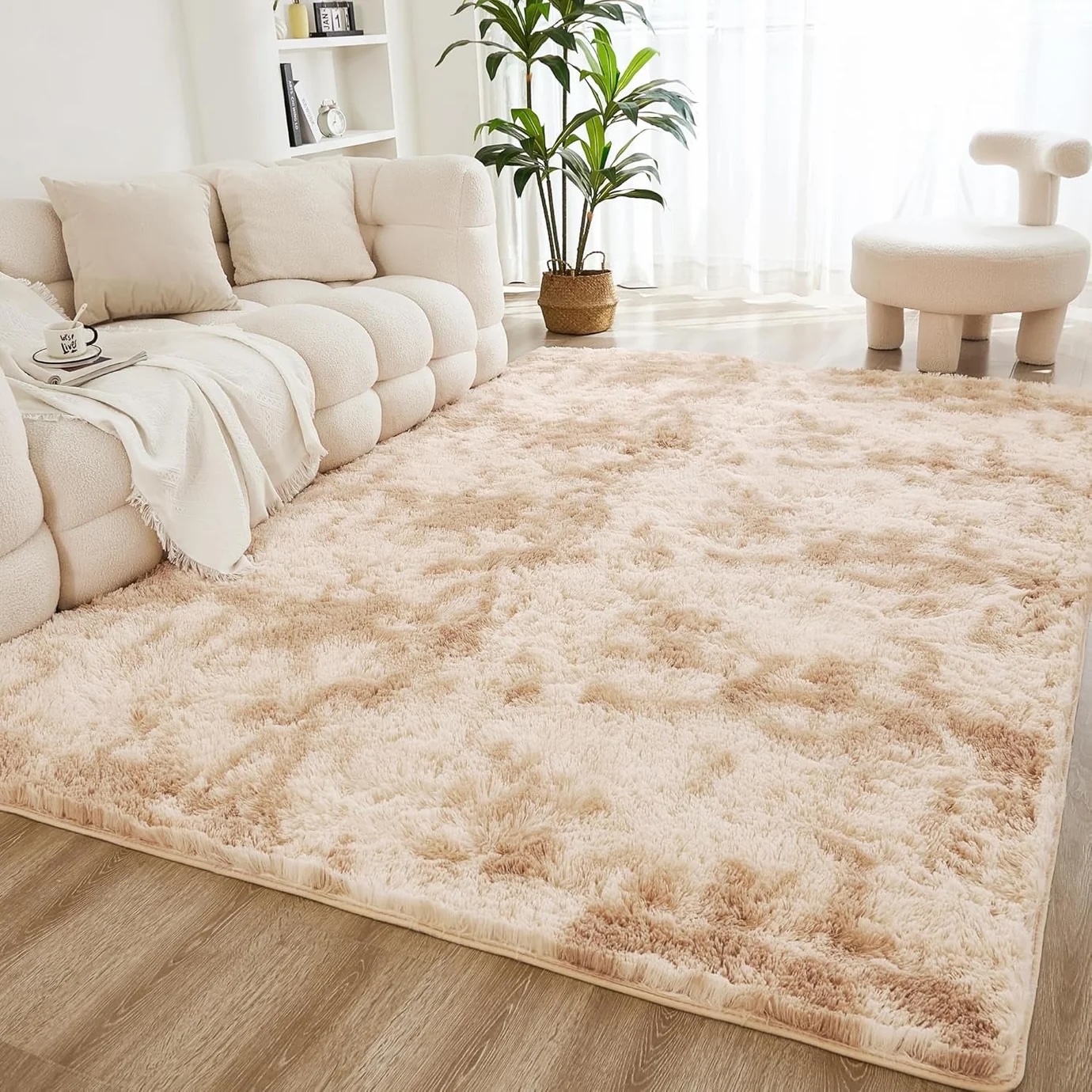 A plush, beige shag rug is displayed in a living room with a cream-colored sofa, a cozy round chair, and a potted plant on light wood flooring.