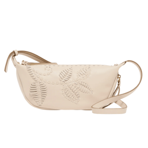 Beige crossbody bag with an embossed leaf pattern and adjustable strap, featuring a gold-tone clasp detail.