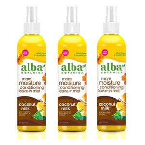 Alba Botanica More Moisture Conditioning Leave-In Mist with coconut milk, formulated for dry hair, in 8 fl oz bottles. Plant-based and cruelty-free, featuring a new look.