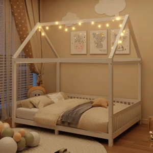 A cozy children's room with a white house-frame bed adorned with string lights, soft bedding, and a plush toy. The walls feature cute animal artwork and cloud decorations, creating a whimsical atmosphere.