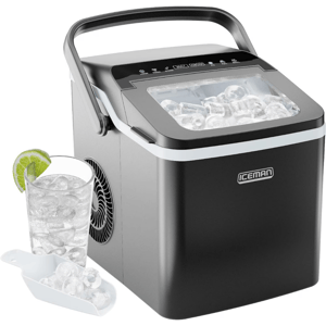 A compact countertop ice maker labeled \“Iceman\“ with a transparent lid showing ice cubes, accompanied by a scoop, and a glass filled with ice and a lime slice.