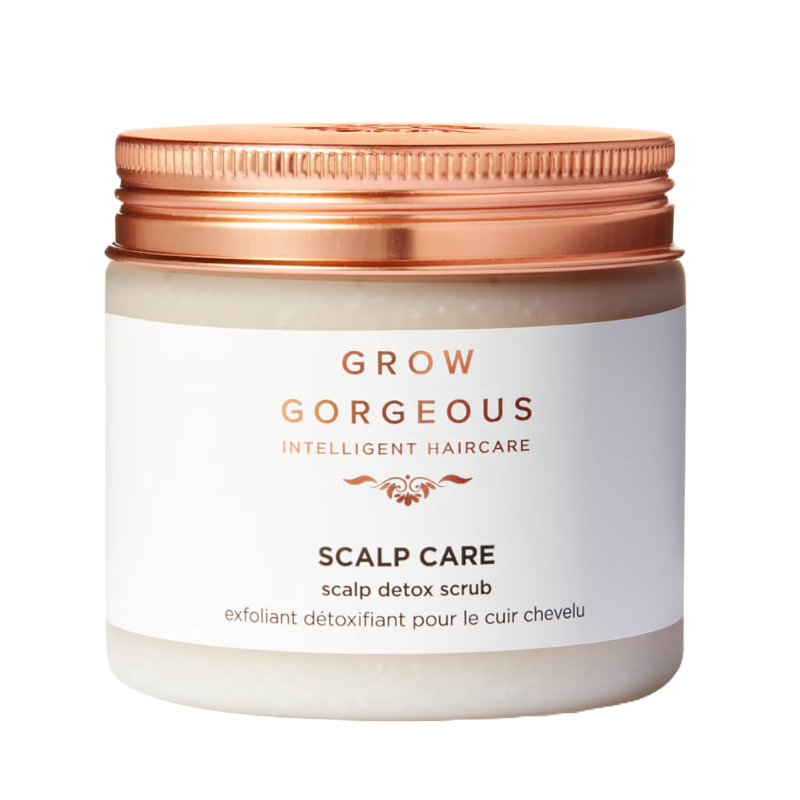 Grow Gorgeous Scalp Care Scalp Detox Scrub is designed for exfoliating and detoxifying the scalp, offering intelligent haircare. Features a copper-colored lid and a white label.