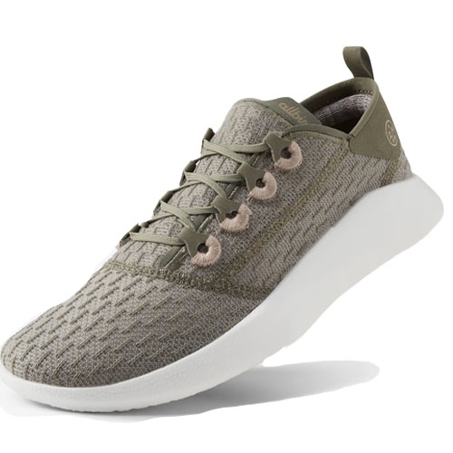 Allbirds Super Light Trainers are lightweight sneakers featuring a breathable knit upper in olive green, with subtle white soles and unique lace loops for easy adjustability.