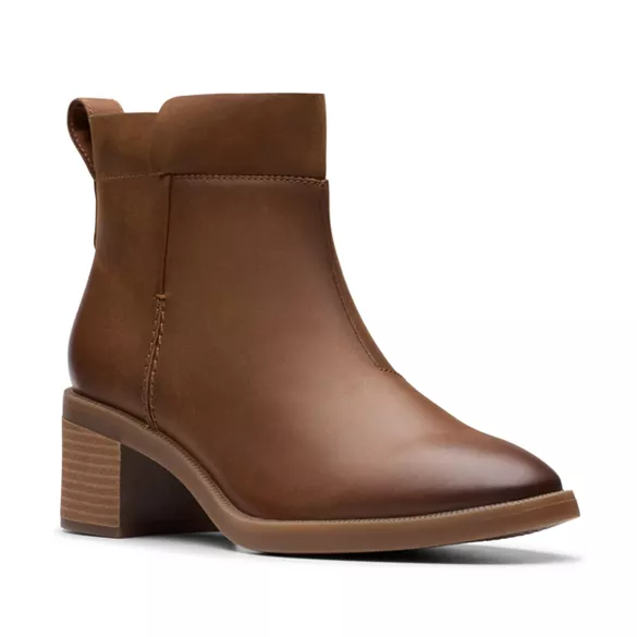 Brown ankle boot with a block heel and a smooth finish.
