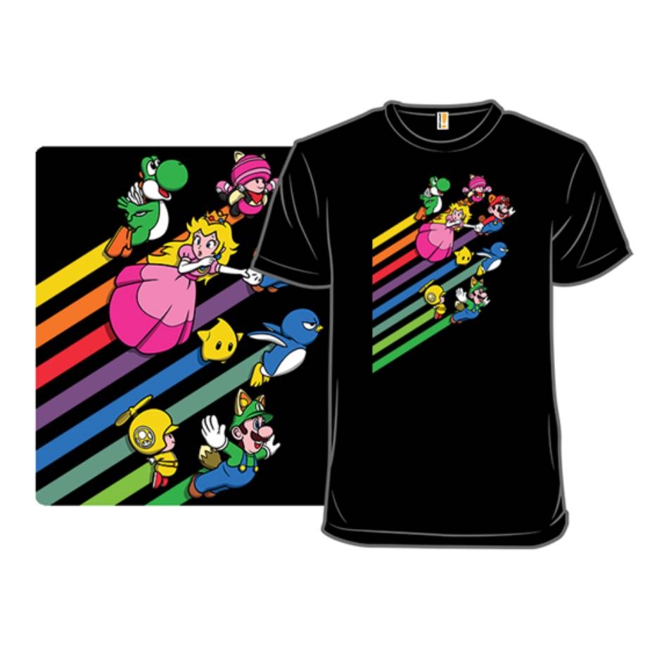 Black T-shirt featuring colorful, diagonal stripes with popular game characters like a princess, dinosaur, penguin, and others in dynamic poses, also shown on a rectangular background.
