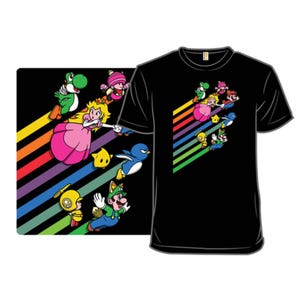 Black T-shirt featuring colorful, diagonal stripes with popular game characters like a princess, dinosaur, penguin, and others in dynamic poses, also shown on a rectangular background.