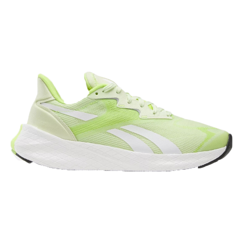 Lime-green Reebok Floatride Symmetros 2.5 Shoes with white midsoles and three side stripes, designed for running with cushioned support.