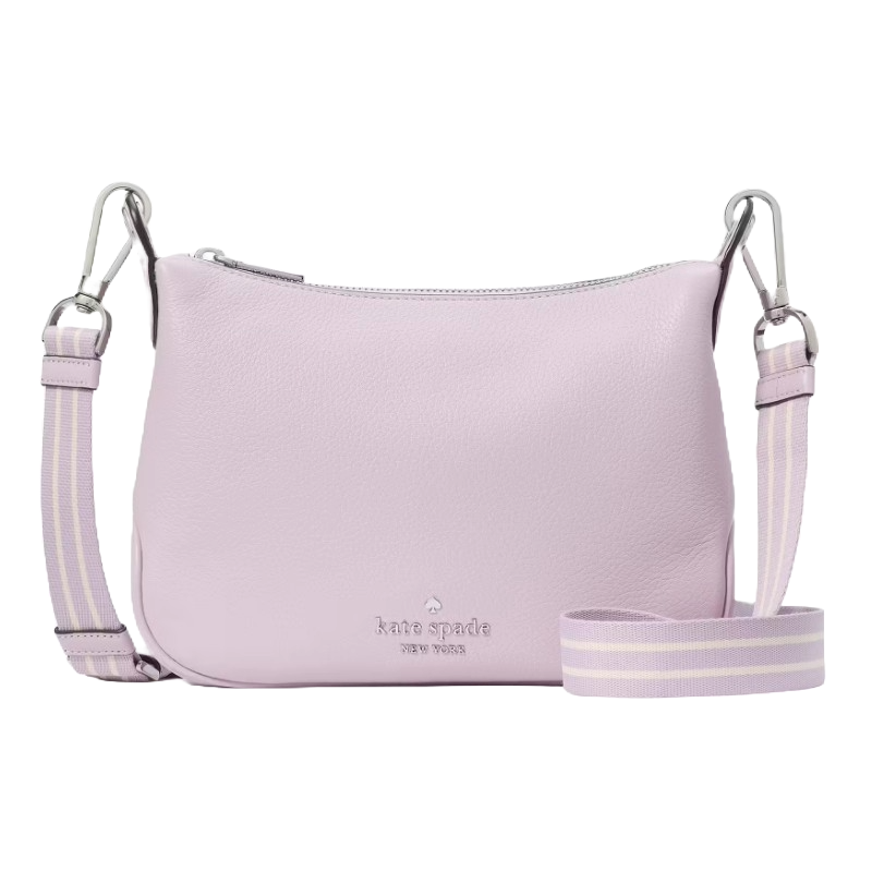 A light purple Kate Spade New York crossbody bag with a zip closure and an adjustable striped shoulder strap featuring metal clasps.