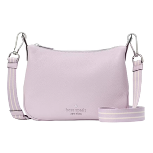 A light purple Kate Spade New York crossbody bag with a zip closure and an adjustable striped shoulder strap featuring metal clasps.
