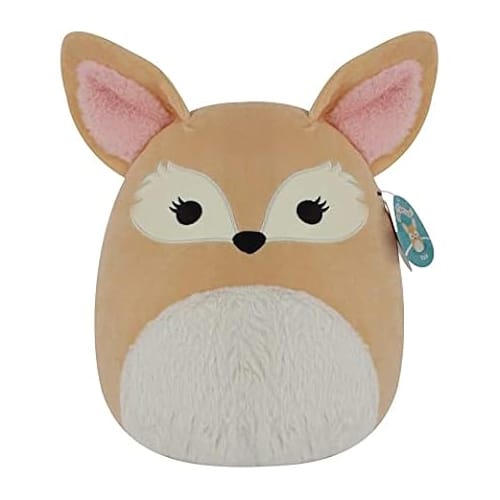 A plush toy resembling a fox with large ears, featuring a tan color with a white belly and pink inner ears, and a tag attached.