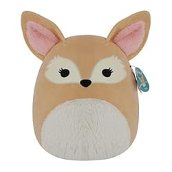 A plush toy resembling a fox with large ears, featuring a tan color with a white belly and pink inner ears, and a tag attached.