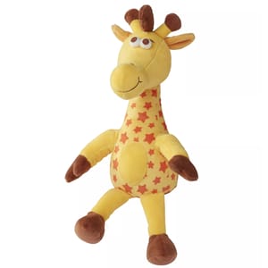 A yellow plush giraffe toy decorated with red stars, featuring a friendly face and brown accents on the horns, ears, hands, and feet.