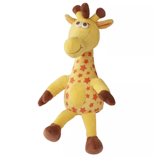 A yellow plush giraffe toy decorated with red stars, featuring a friendly face and brown accents on the horns, ears, hands, and feet.
