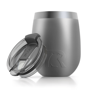 A gray RTIC Wine Tumbler with a stainless steel finish and a transparent, slide-lock lid featuring a bear logo.