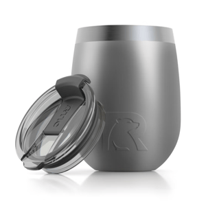 A gray RTIC Wine Tumbler with a stainless steel finish and a transparent, slide-lock lid featuring a bear logo.