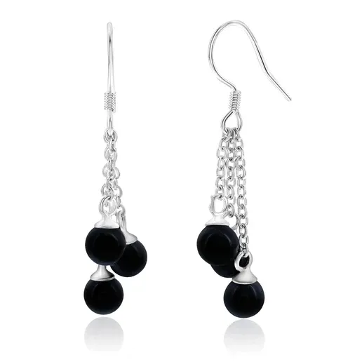 Dangle earrings featuring silver chains with three black beads on each, suspended from hook fastenings.