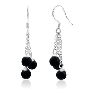 Dangle earrings featuring silver chains with three black beads on each, suspended from hook fastenings.