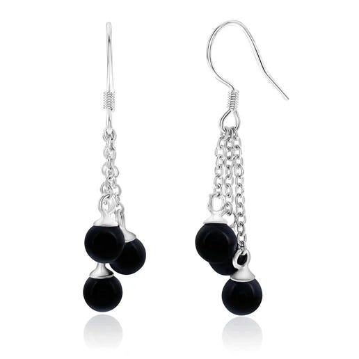 Dangle earrings featuring silver chains with three black beads on each, suspended from hook fastenings.