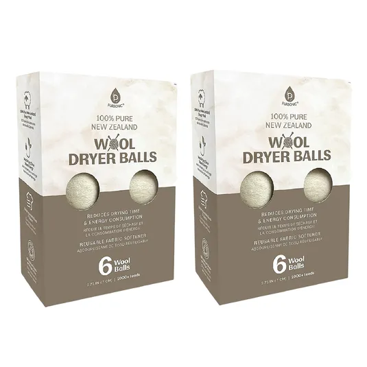 Two boxes of 100% pure New Zealand wool dryer balls, each containing six balls. They reduce drying time and energy consumption and serve as reusable fabric softeners.