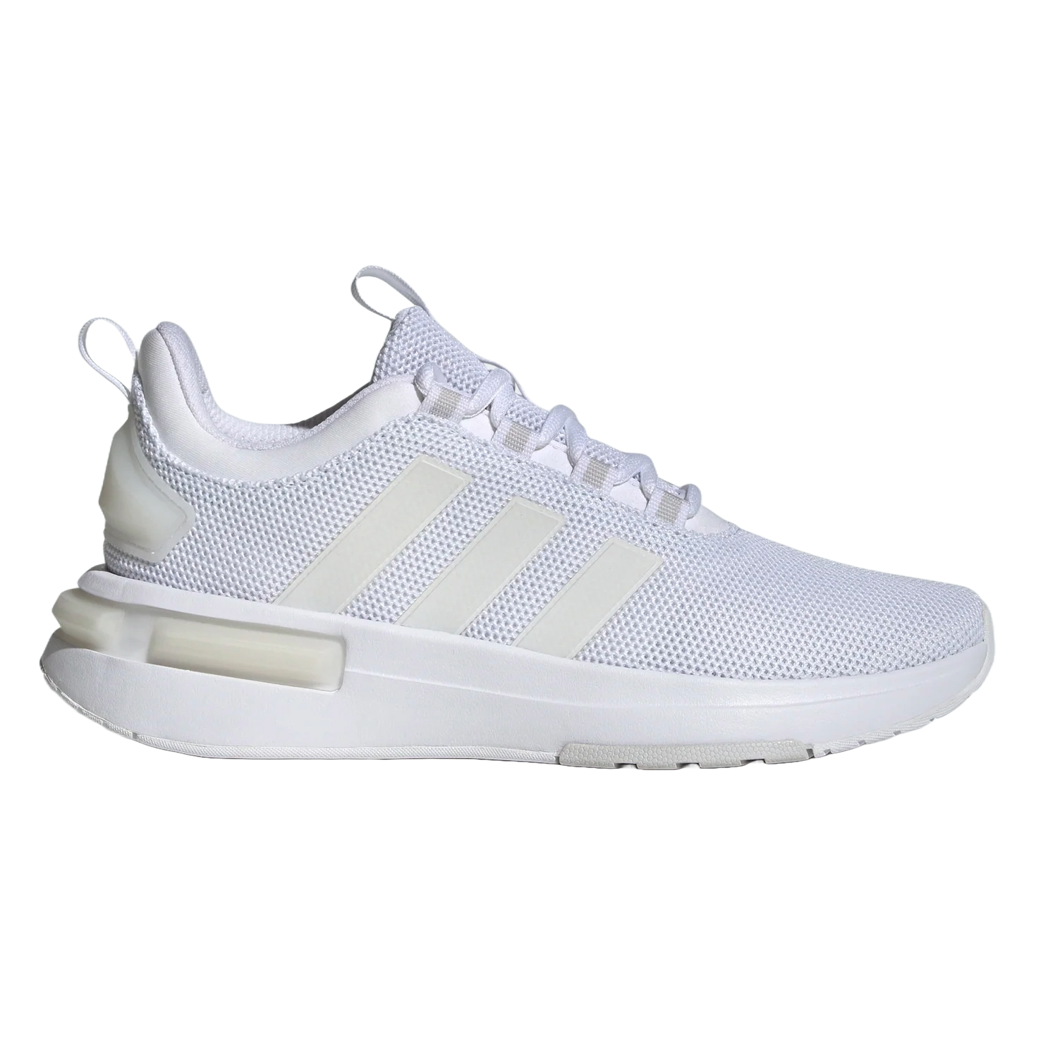 Adidas Women's Racer Tr23 Shoes feature a sleek, all-white design with a mesh upper and cushioned sole for comfort. They have the signature three stripes on the side and a pull tab for easy wear.