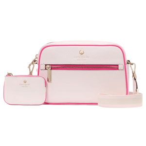 A Kate Spade leather bag and pouch set in light pink with vibrant pink trim, featuring gold-tone hardware. The bag has a crossbody strap and front zipper, while both items display the Kate Spade logo.