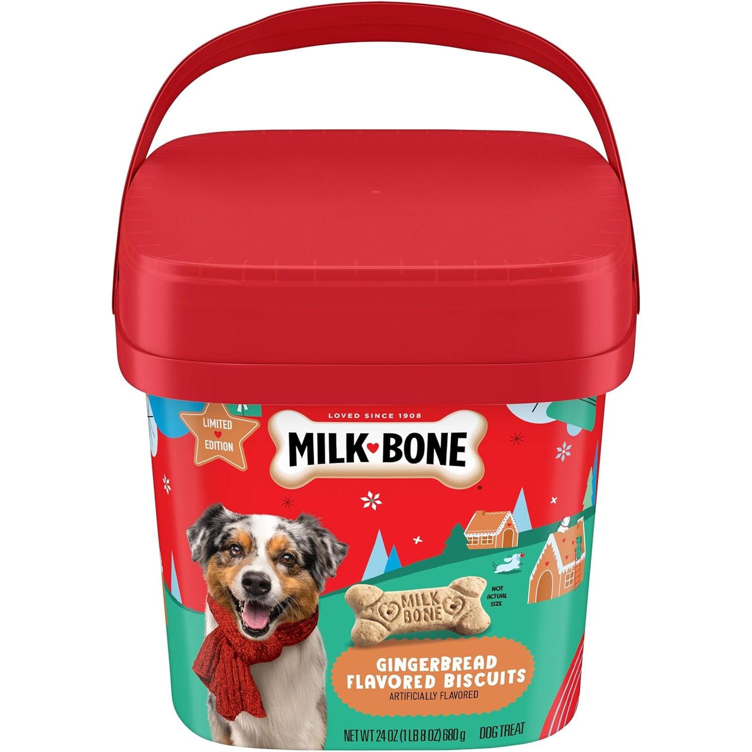 Milk-Bone limited edition gingerbread flavored dog biscuits, 24 oz (1 lb 8 oz / 680 g) container, featuring a festive design with a dog wearing a red scarf.