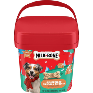 Milk-Bone limited edition gingerbread flavored dog biscuits, 24 oz (1 lb 8 oz / 680 g) container, featuring a festive design with a dog wearing a red scarf.
