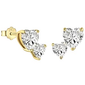 Gold studs featuring double heart-shaped clear stones, set with prongs for added elegance.
