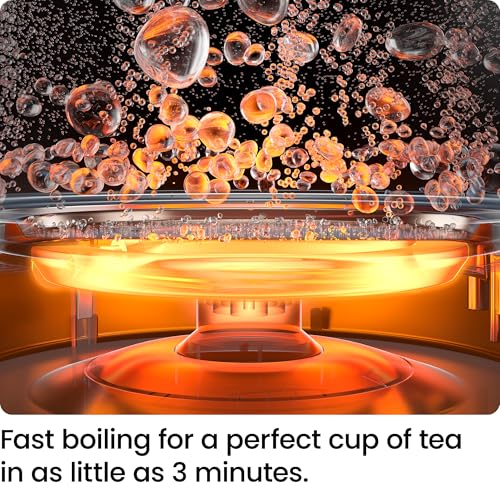 An electric kettle with a glowing orange heating element is depicted boiling water, emphasizing its rapid boiling ability to make tea in three minutes.