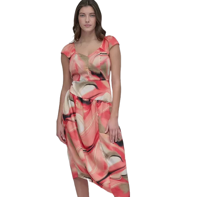 DKNY Short-Sleeve Printed Satin Dress features a vibrant abstract pattern in pink, beige, and black. It has a fitted bodice, cap sleeves, and an asymmetrical hemline for a modern look.