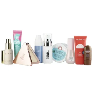 A collection of skincare and beauty products, including brands like Merit, Benefit, Summer Fridays, By Mario, First Aid Beauty, Glow Recipe, Tower 28, and Isle of Paradise, featuring moisturizers, primers, bronzers, and SPF protection.