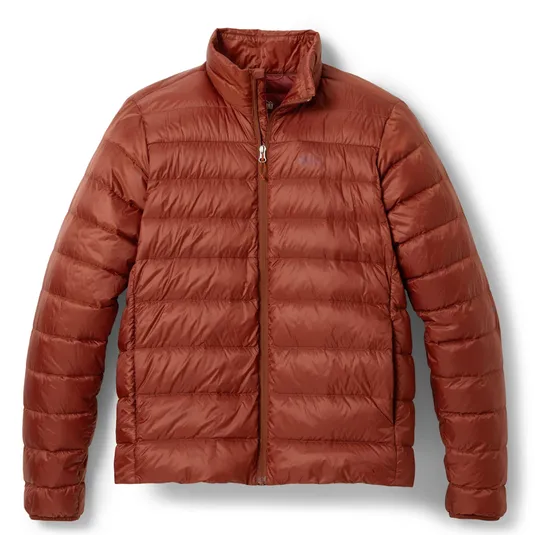 A rust-colored puffer jacket with horizontal quilting and a high collar, featuring a front zipper.