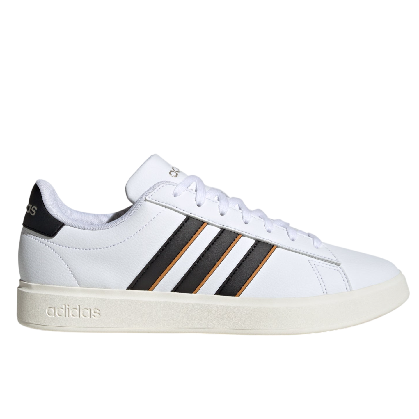 A white Adidas sneaker with three black stripes and a beige sole, featuring \“adidas\“ branding on the heel and sole.
