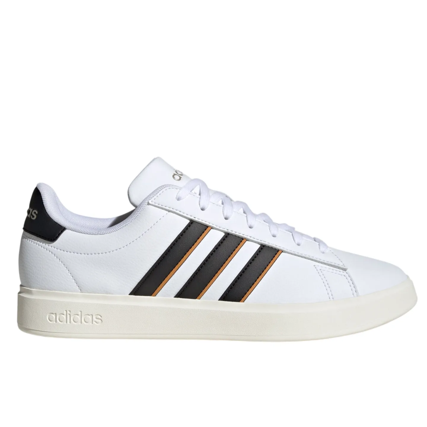 A white Adidas sneaker with three black stripes and a beige sole, featuring \“adidas\“ branding on the heel and sole.