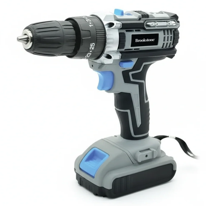 A cordless power drill with a black and gray design, featuring a blue trigger and adjustable torque settings.
