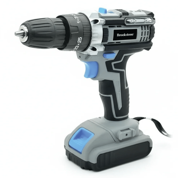 A cordless power drill with a black and gray design, featuring a blue trigger and adjustable torque settings.