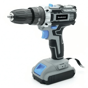 A cordless power drill with a black and gray design, featuring a blue trigger and adjustable torque settings.