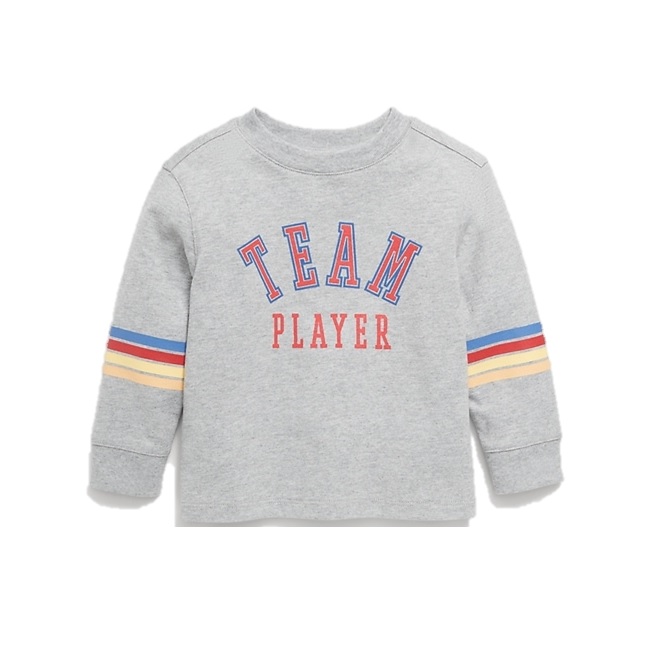 Gray long-sleeve sweatshirt with \“TEAM PLAYER\“ printed on the front in red and blue, featuring multicolored stripes on the sleeves.