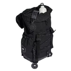 Black Adidas Stella McCartney backpack with a sleek design, featuring a drawstring closure, elastic cord detailing on the front, and logo accents. Includes a side pocket for a water bottle and additional hook attachments.