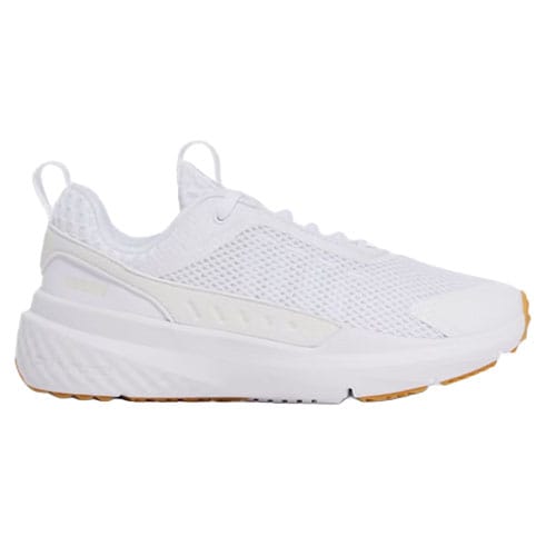 A white athletic sneaker with a mesh upper, pull tabs at the heel and tongue, and a textured sole featuring a slightly tan outsole for traction.