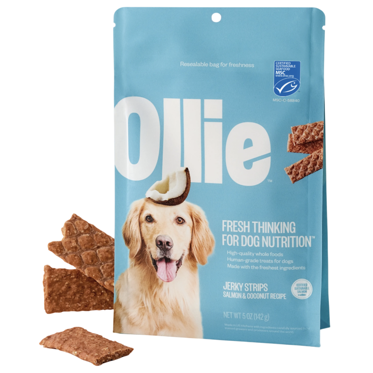 Ollie Jerky Strips for dogs in a salmon and coconut recipe, packaged in a resealable 5 oz bag. Suitable for dog nutrition, featuring high-quality, human-grade ingredients.